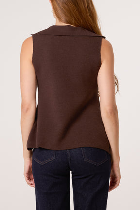 Lapel Collar Gold Button Knitted Waistcoat