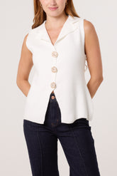 Lapel Collar Gold Button Knitted Waistcoat