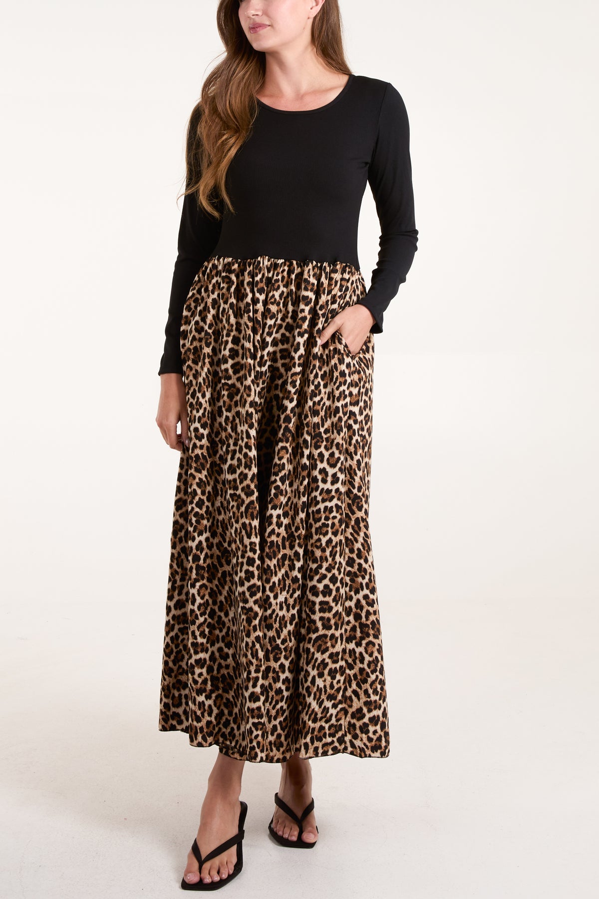 Leopard Elasticated Bodice Long Sleeve Midi Dress