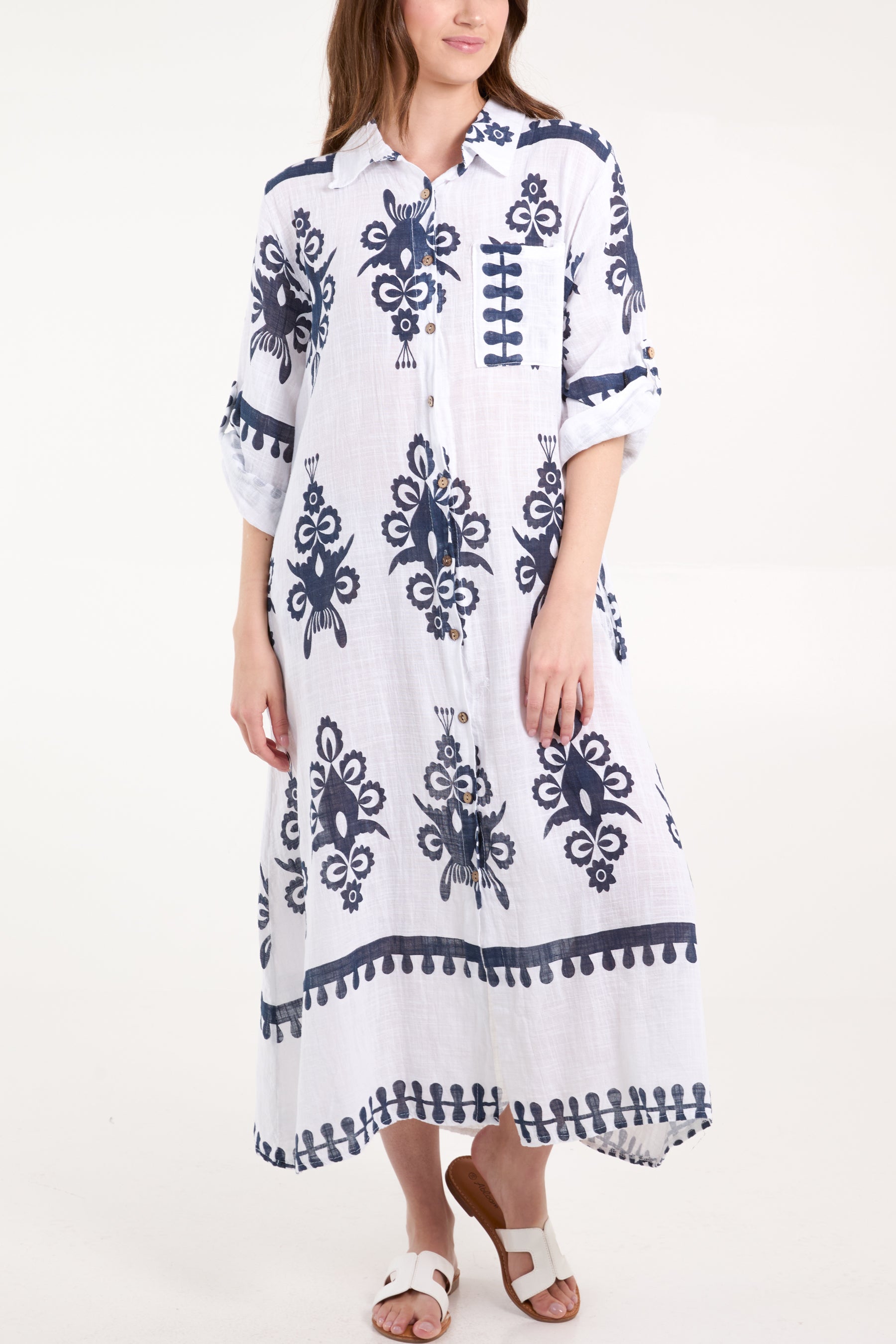 Cotton Printed Pockets Shirt Maxi Dress