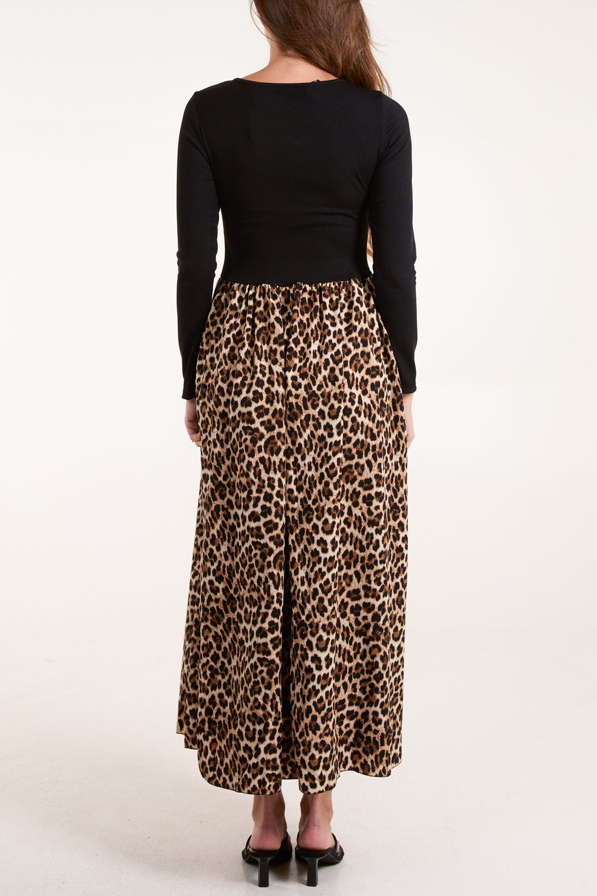 Leopard Elasticated Bodice Long Sleeve Midi Dress