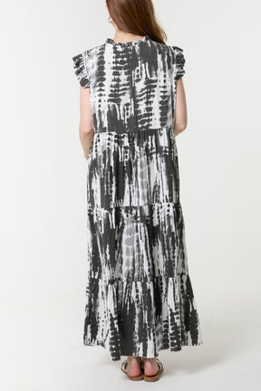 Abstract Frill Sleeve Tiered Dress