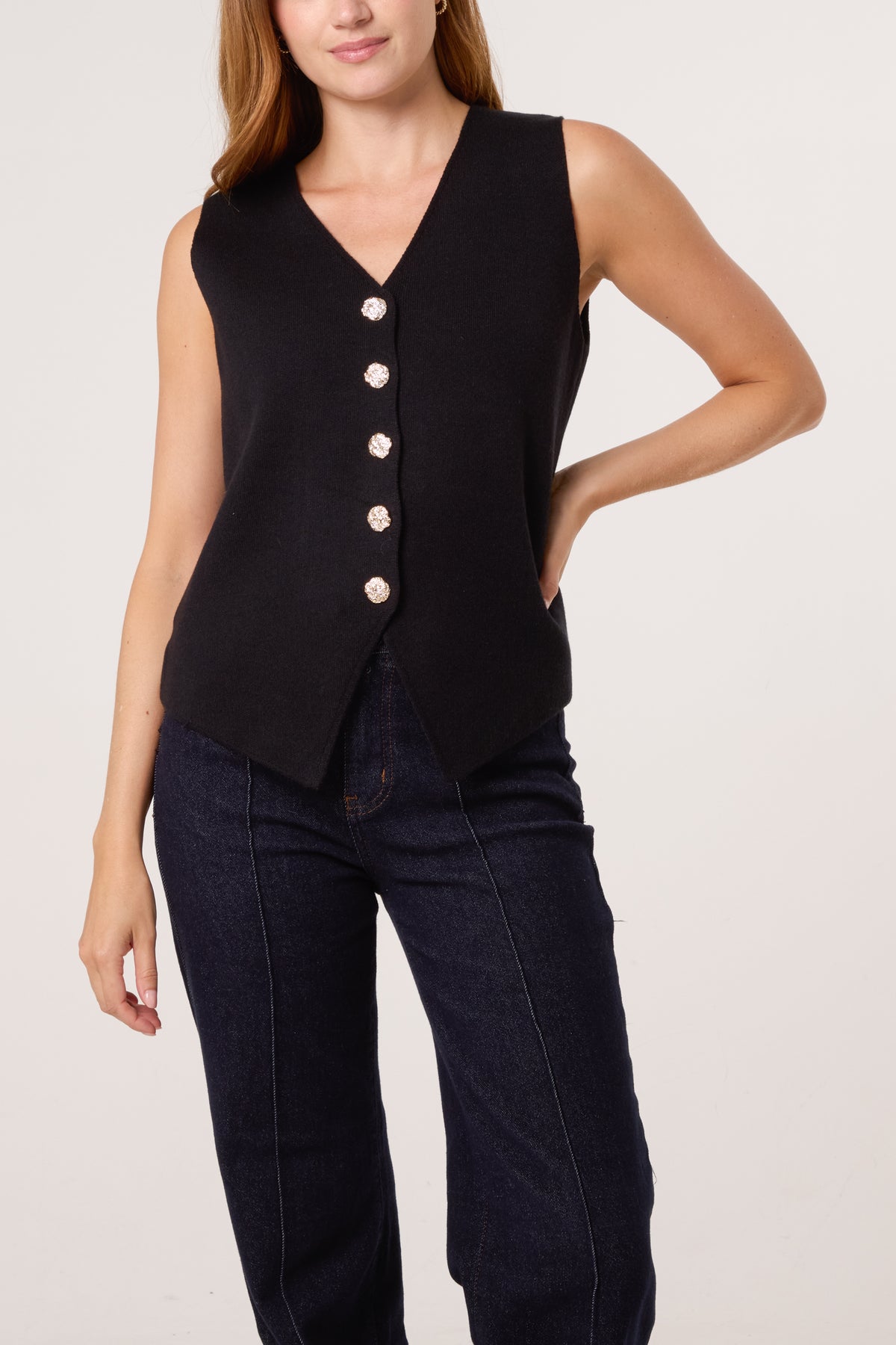 Gold Flower Button Knitted Waistcoat