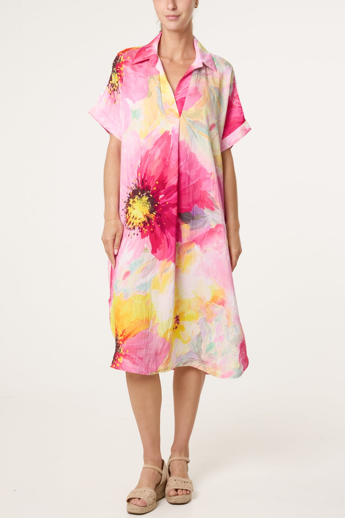 V-Neck Collar Bright Floral Dress