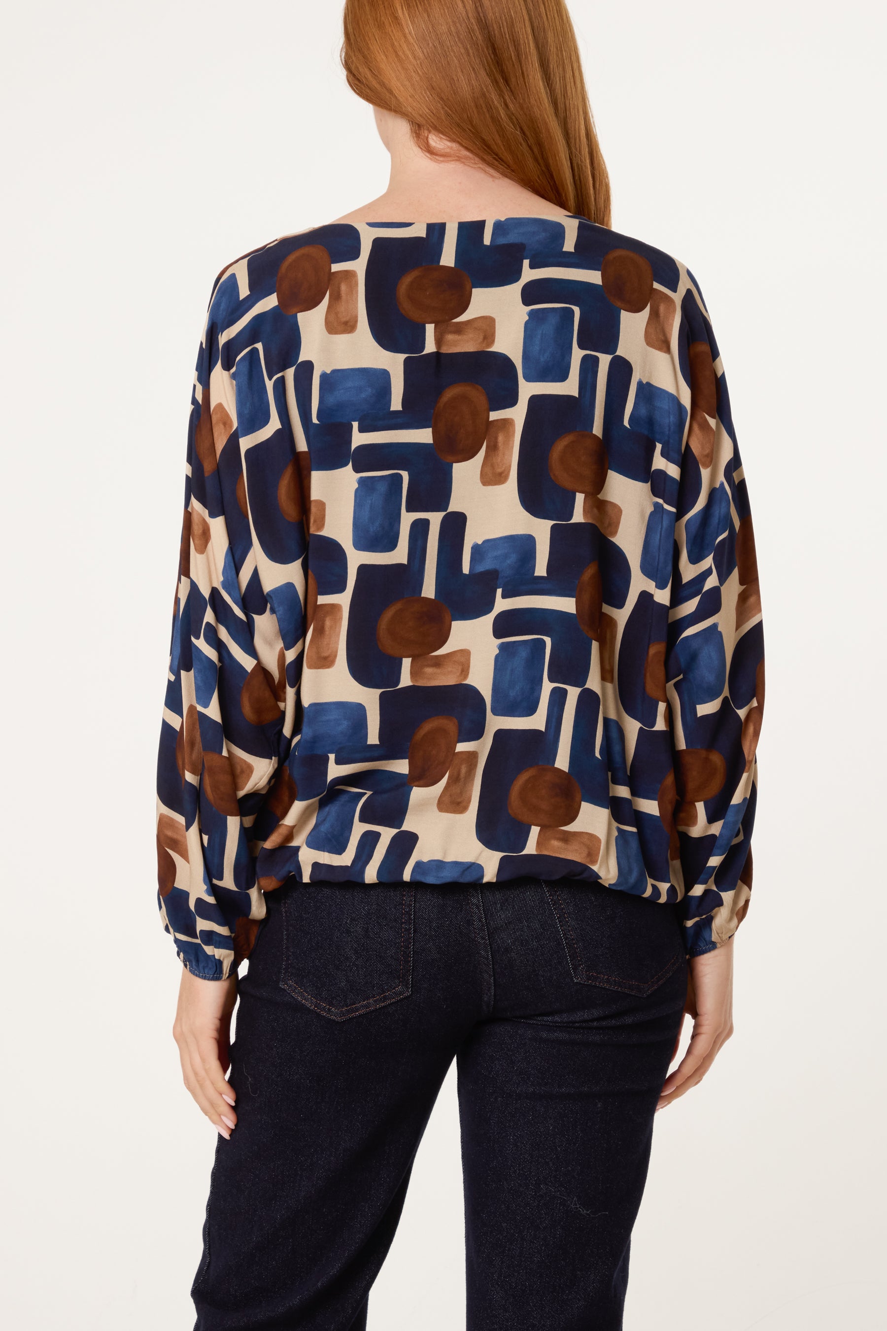 V-Neck Bubble Hem Geometric Blouse