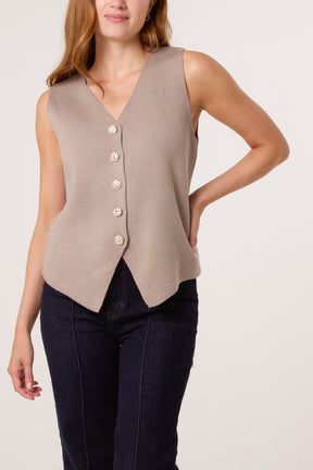 Gold Flower Button Knitted Waistcoat