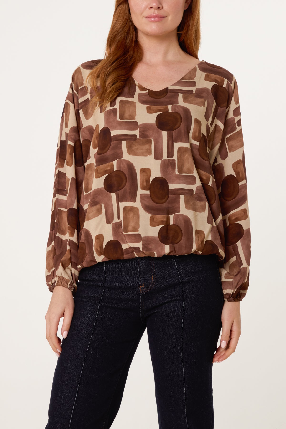 V-Neck Bubble Hem Geometric Blouse