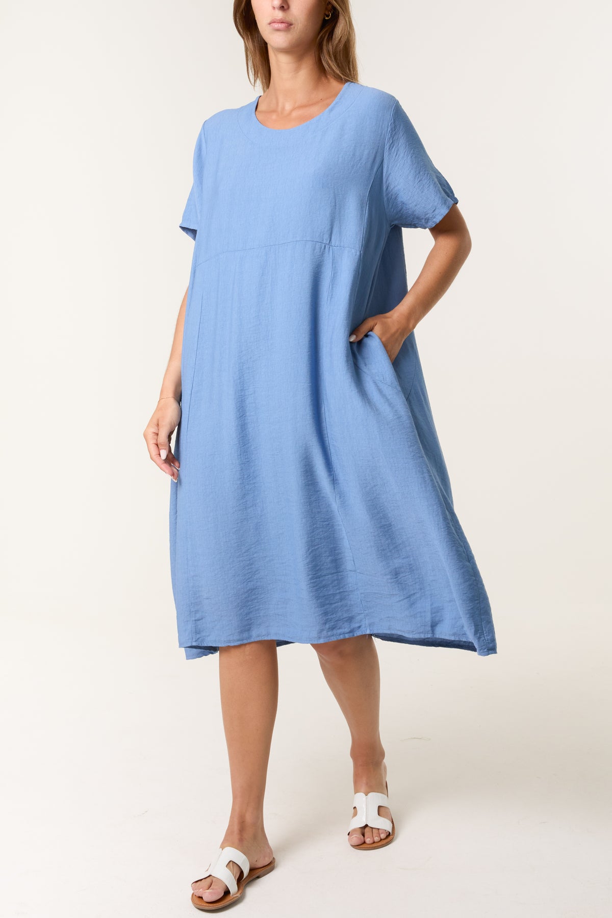 Round Neck Pockets Relaxed Midi Dress