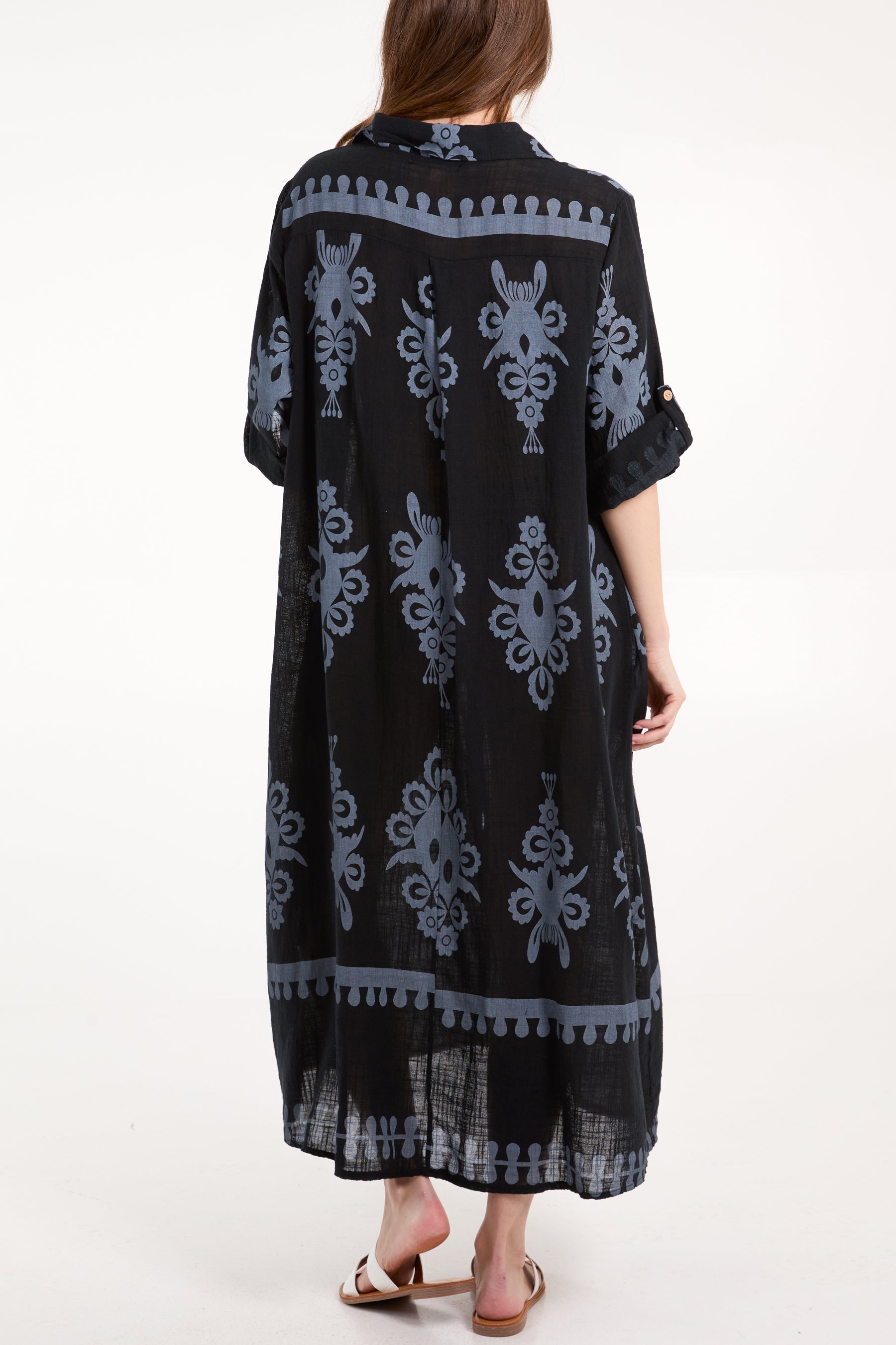 Cotton Printed Pockets Shirt Maxi Dress