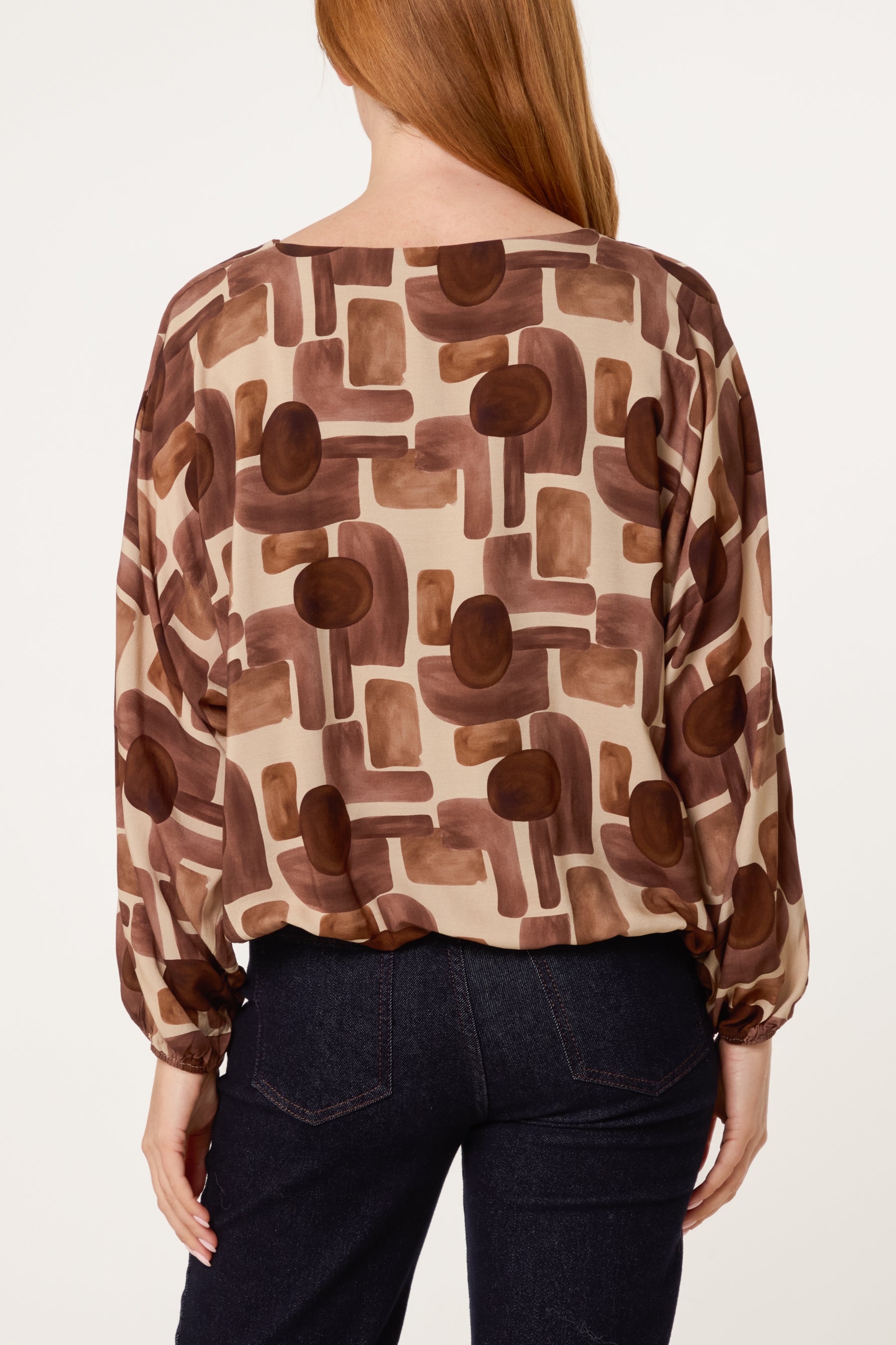 V-Neck Bubble Hem Geometric Blouse