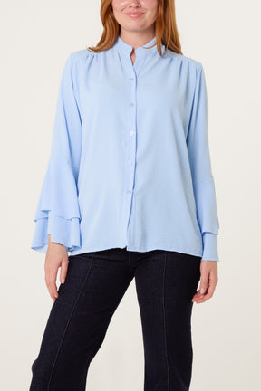 Pleated Sleeve Grandad Collar Blouse