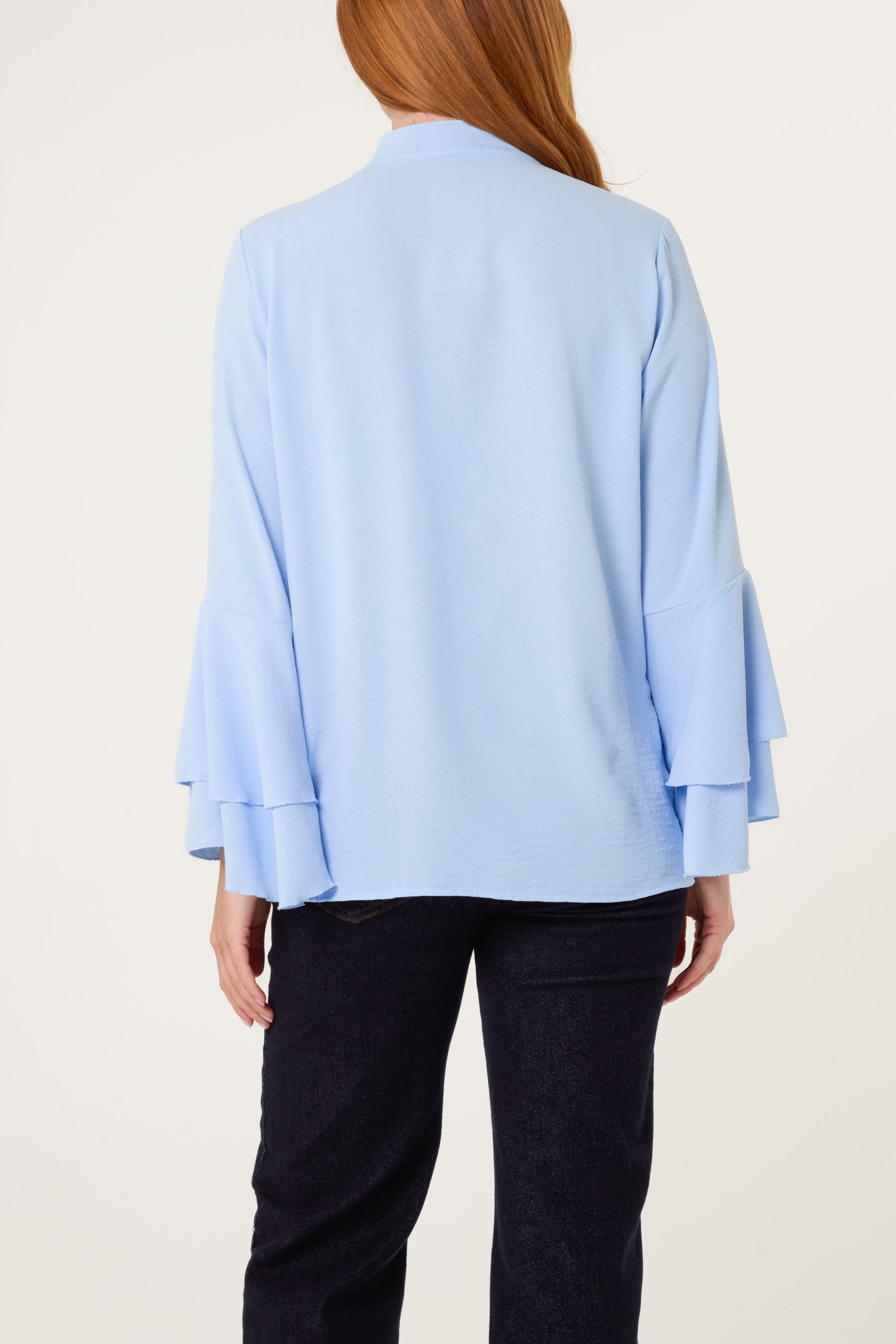 Pleated Sleeve Grandad Collar Blouse