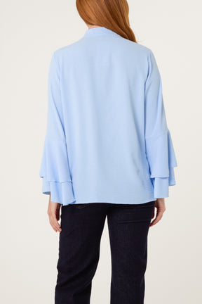 Pleated Sleeve Grandad Collar Blouse