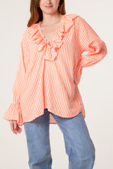 Cheesecloth Pinstripe Ruffle Blouse