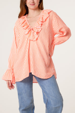 Cheesecloth Pinstripe Ruffle Blouse
