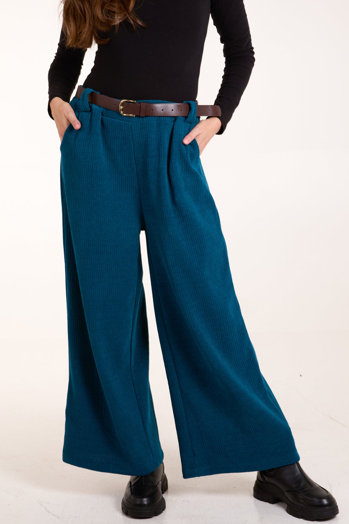 Rib Knit Straight Leg Belted Trouser