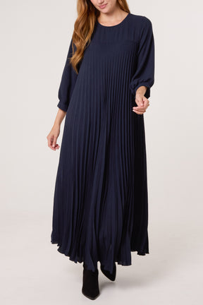 Long Sleeve Pockets Pleated Maxi Dress
