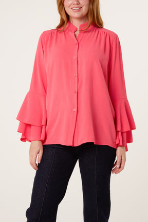 Pleated Sleeve Grandad Collar Blouse