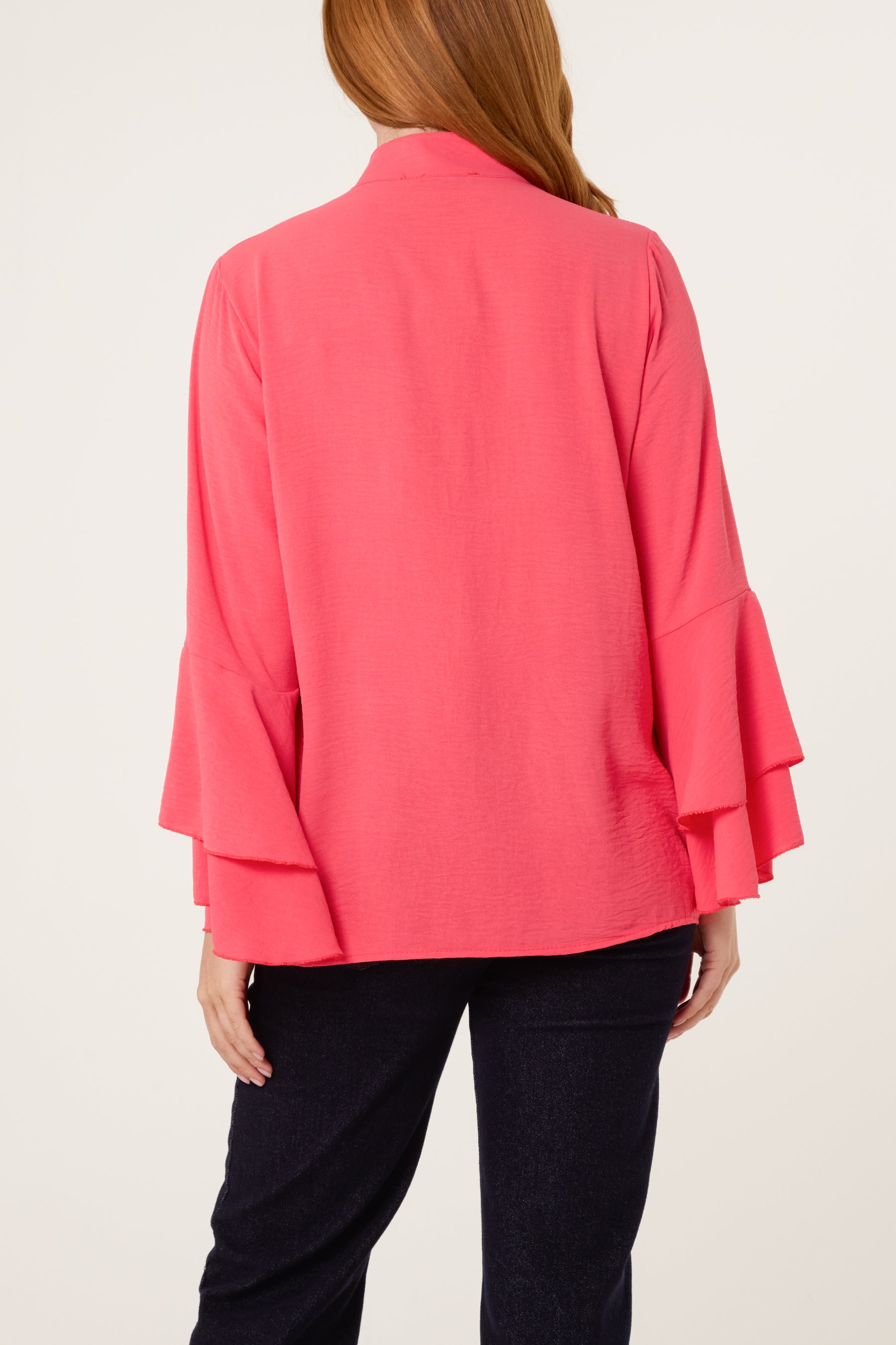 Pleated Sleeve Grandad Collar Blouse