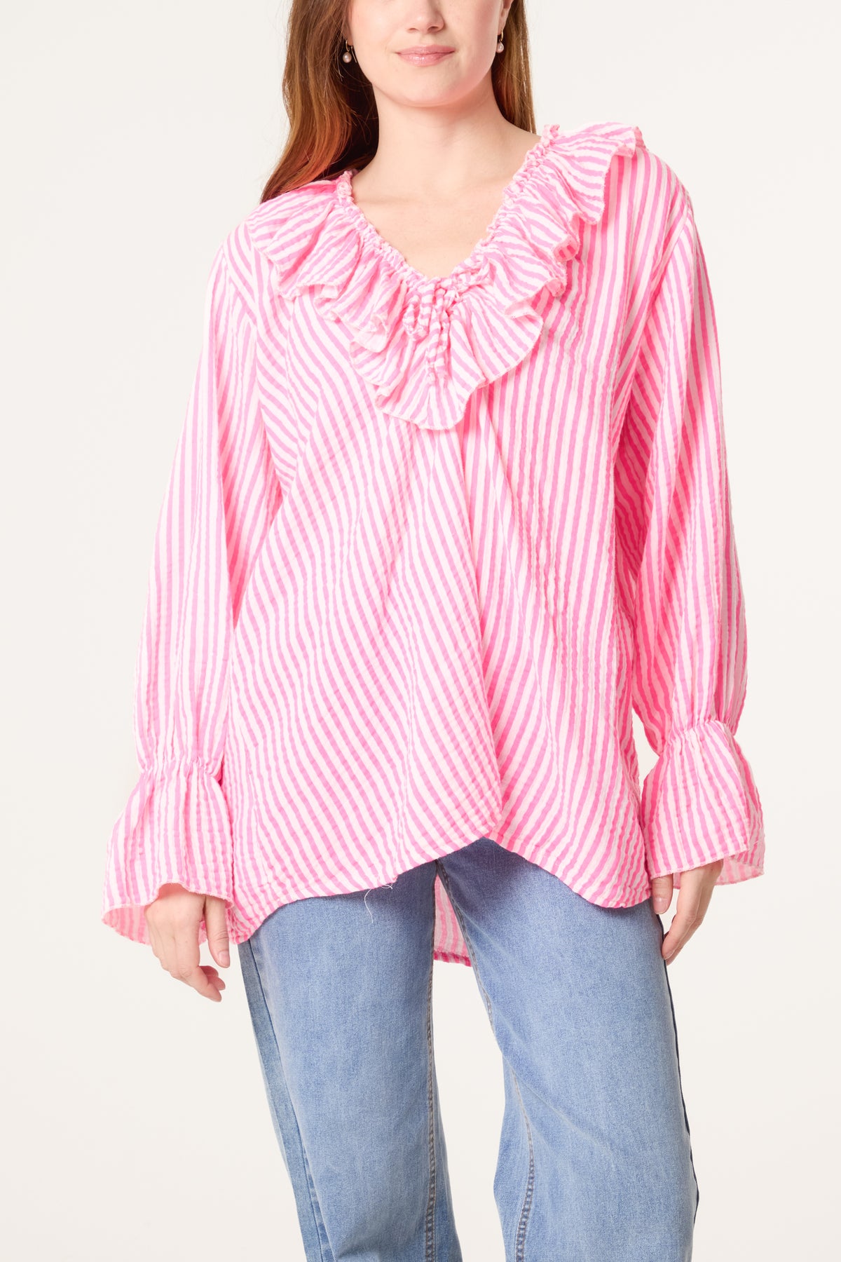 Cheesecloth Pinstripe Ruffle Blouse