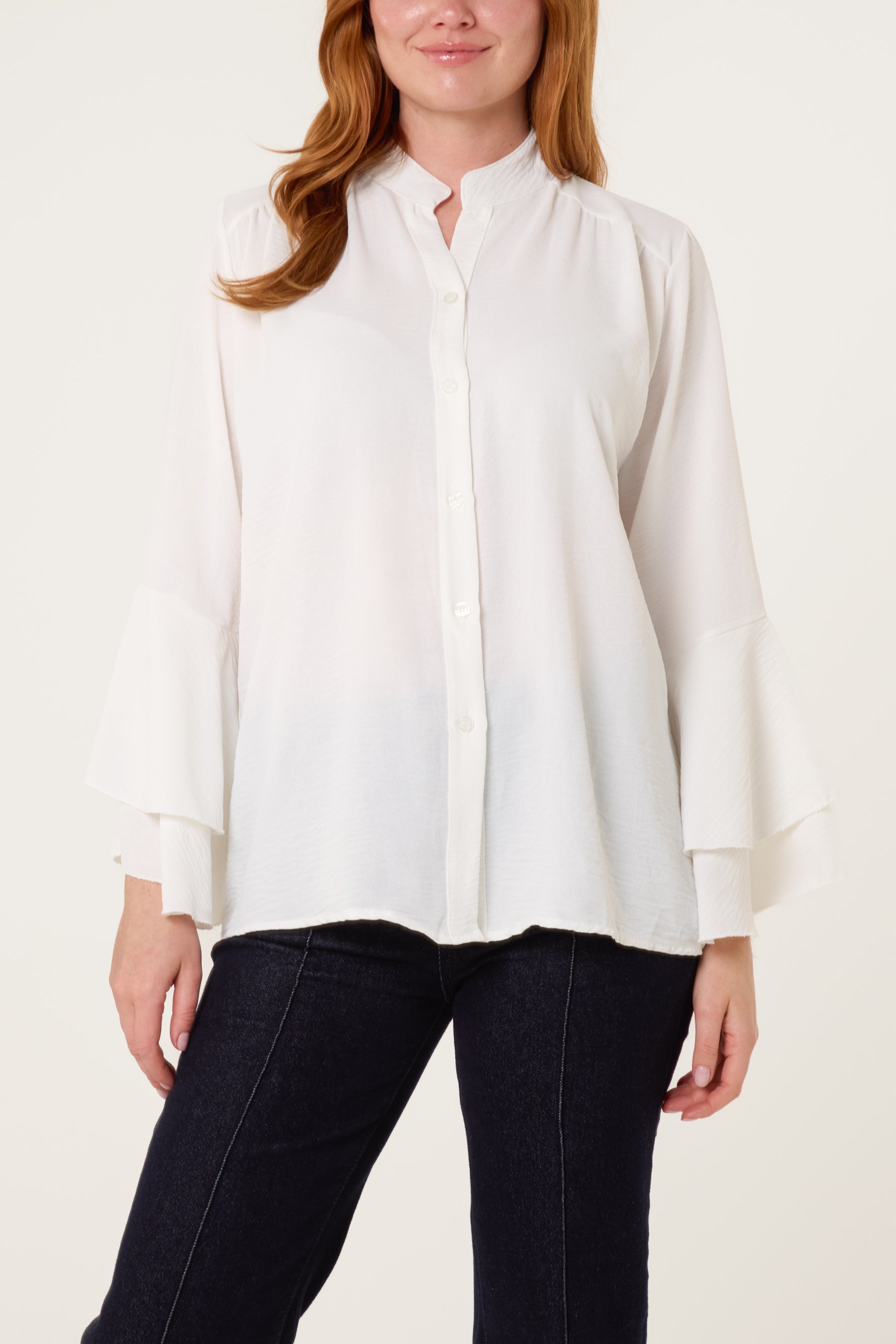 Pleated Sleeve Grandad Collar Blouse