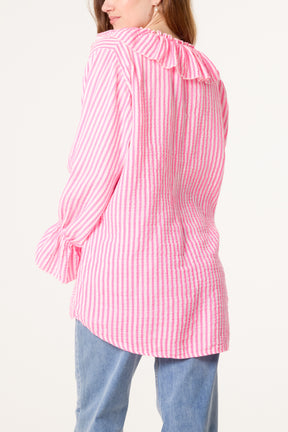 Cheesecloth Pinstripe Ruffle Blouse