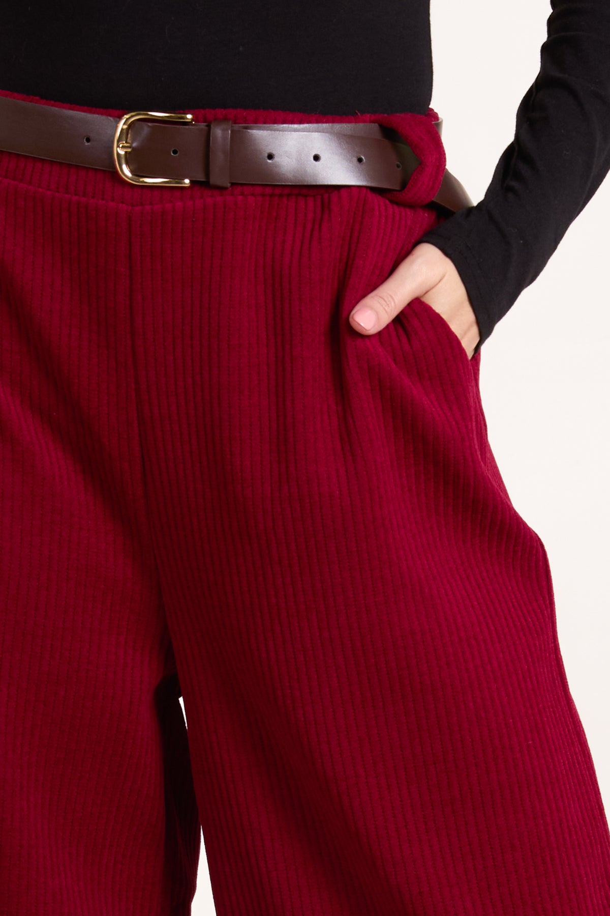 Rib Knit Straight Leg Belted Trouser