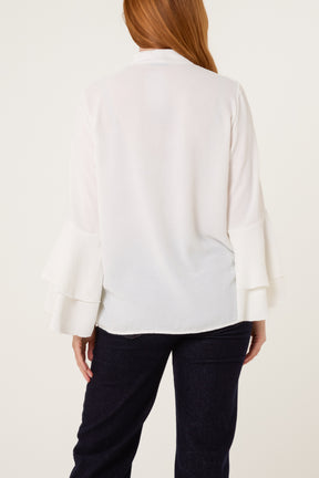 Pleated Sleeve Grandad Collar Blouse