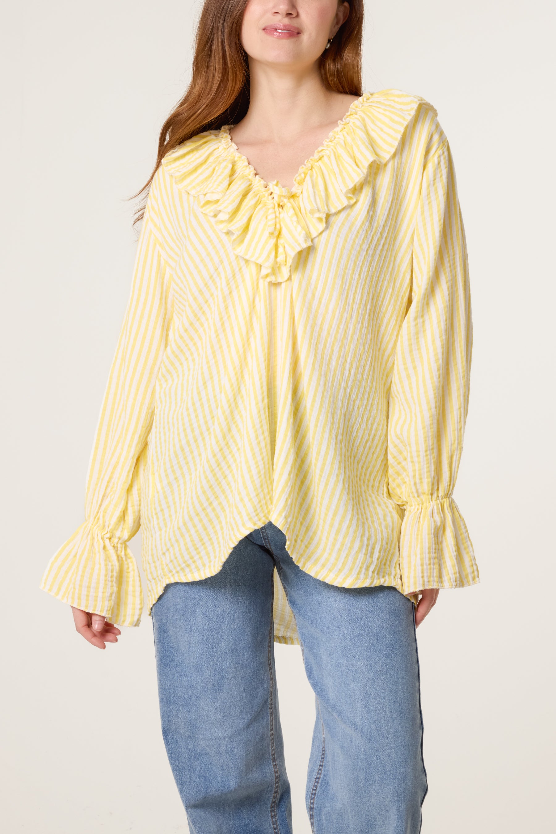 Cheesecloth Pinstripe Ruffle Blouse
