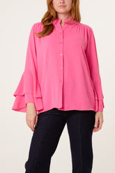 Pleated Sleeve Grandad Collar Blouse