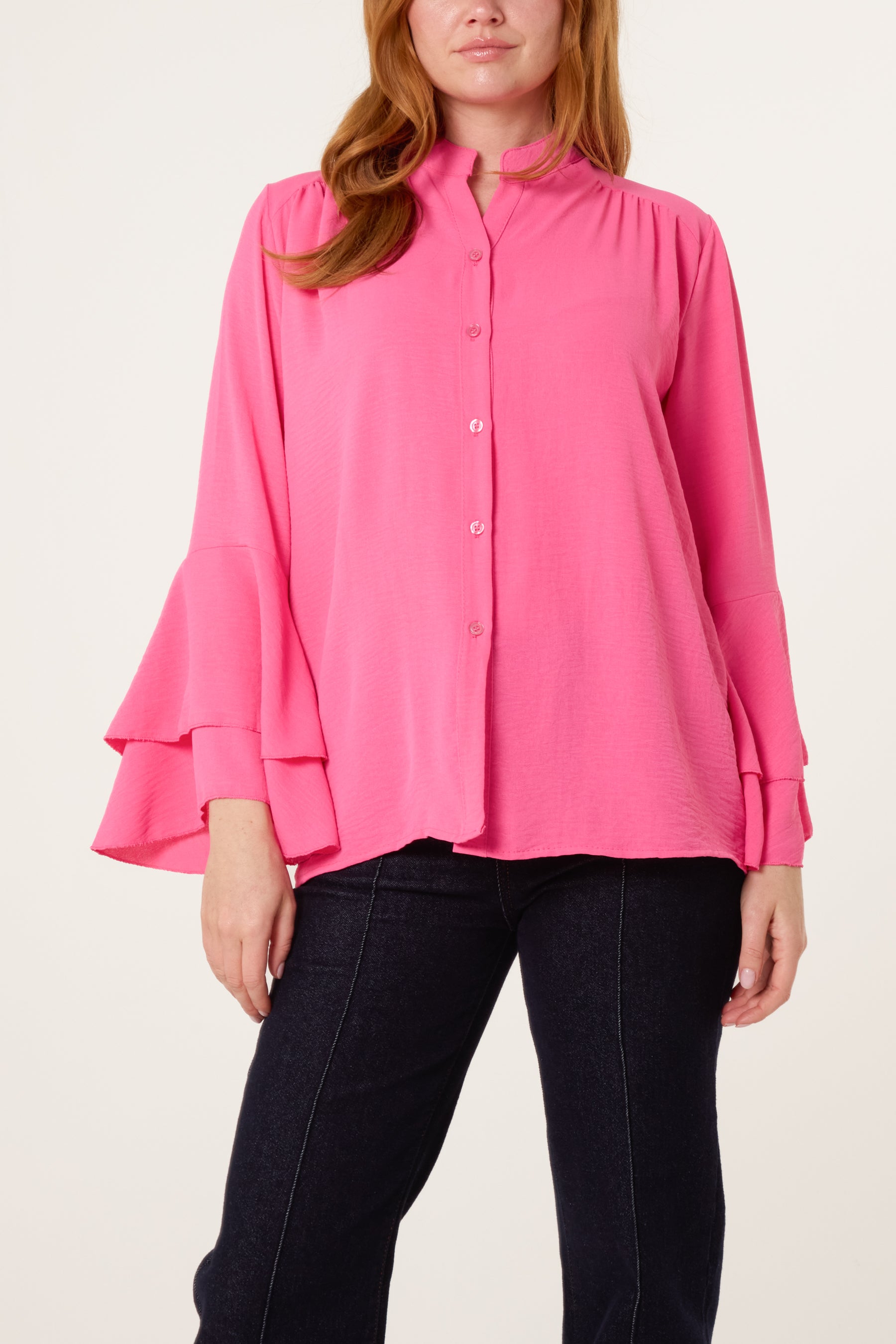 Pleated Sleeve Grandad Collar Blouse