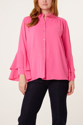 Pleated Sleeve Grandad Collar Blouse