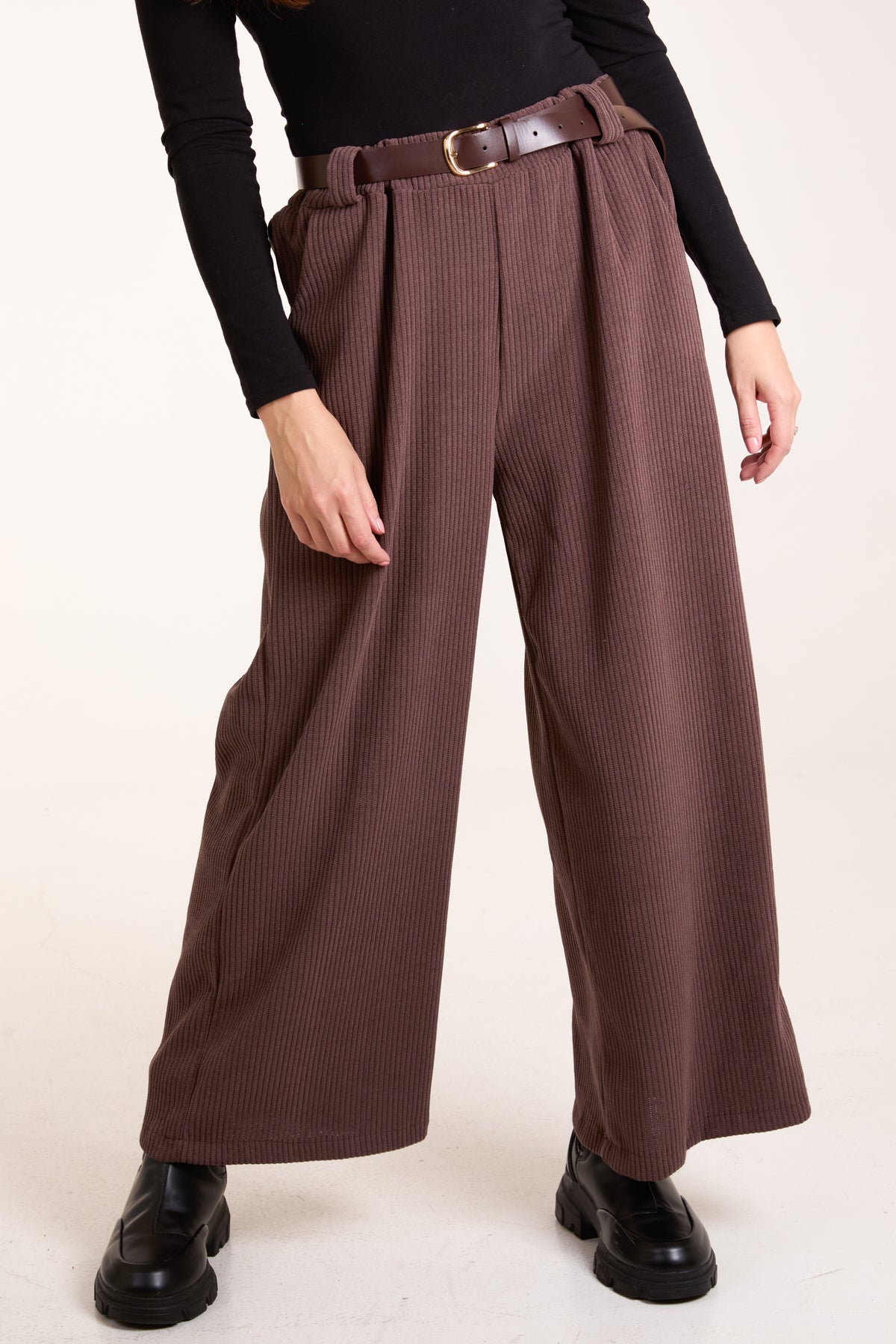 Rib Knit Straight Leg Belted Trouser