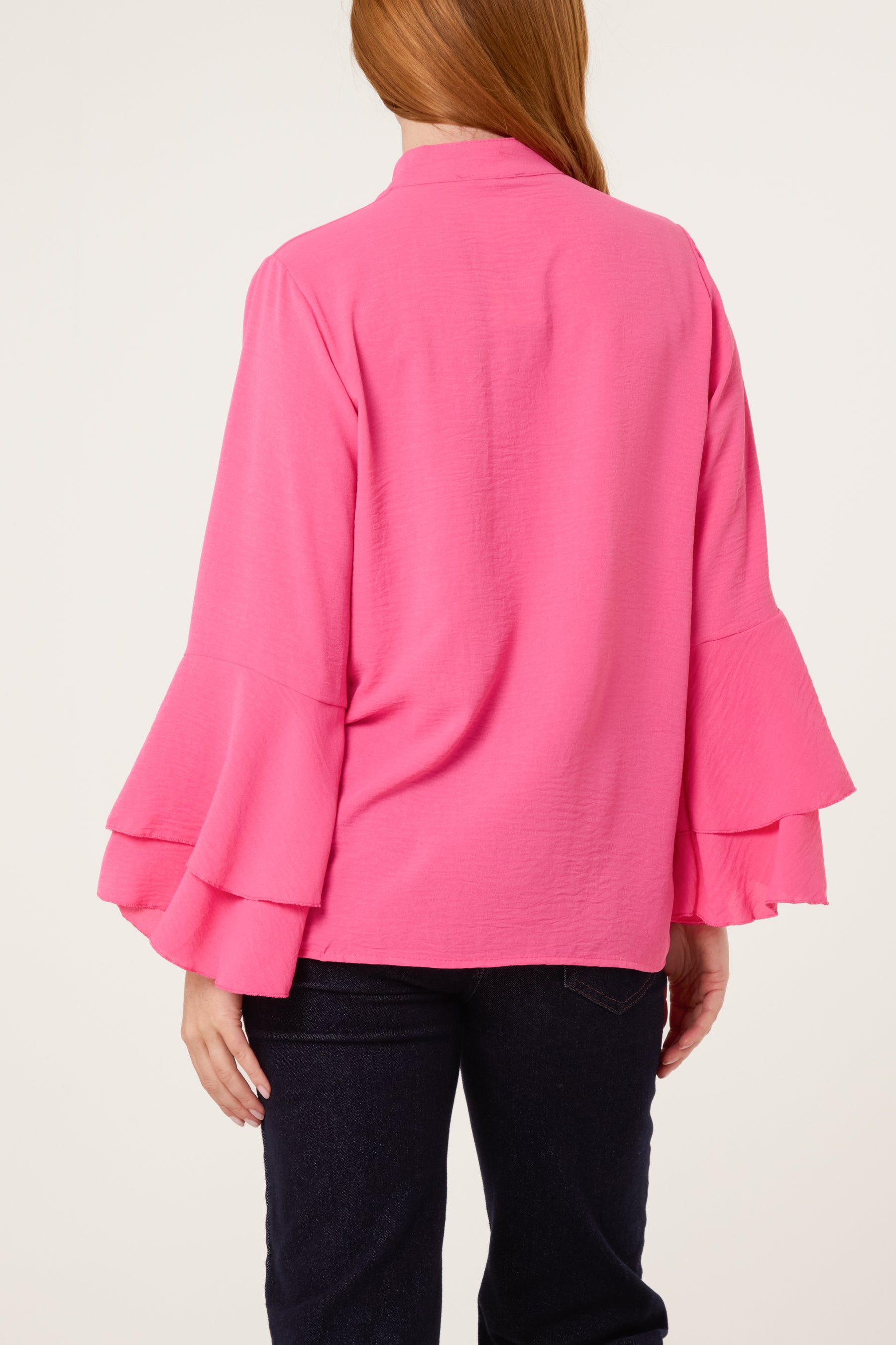 Pleated Sleeve Grandad Collar Blouse