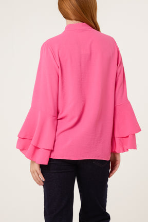 Pleated Sleeve Grandad Collar Blouse