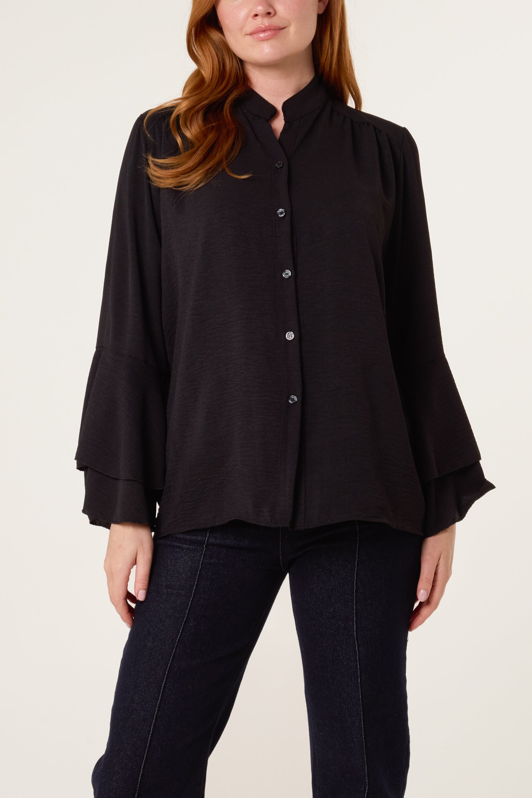 Pleated Sleeve Grandad Collar Blouse