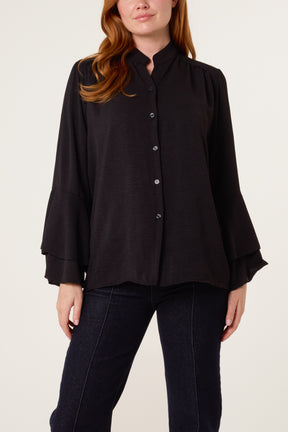 Pleated Sleeve Grandad Collar Blouse