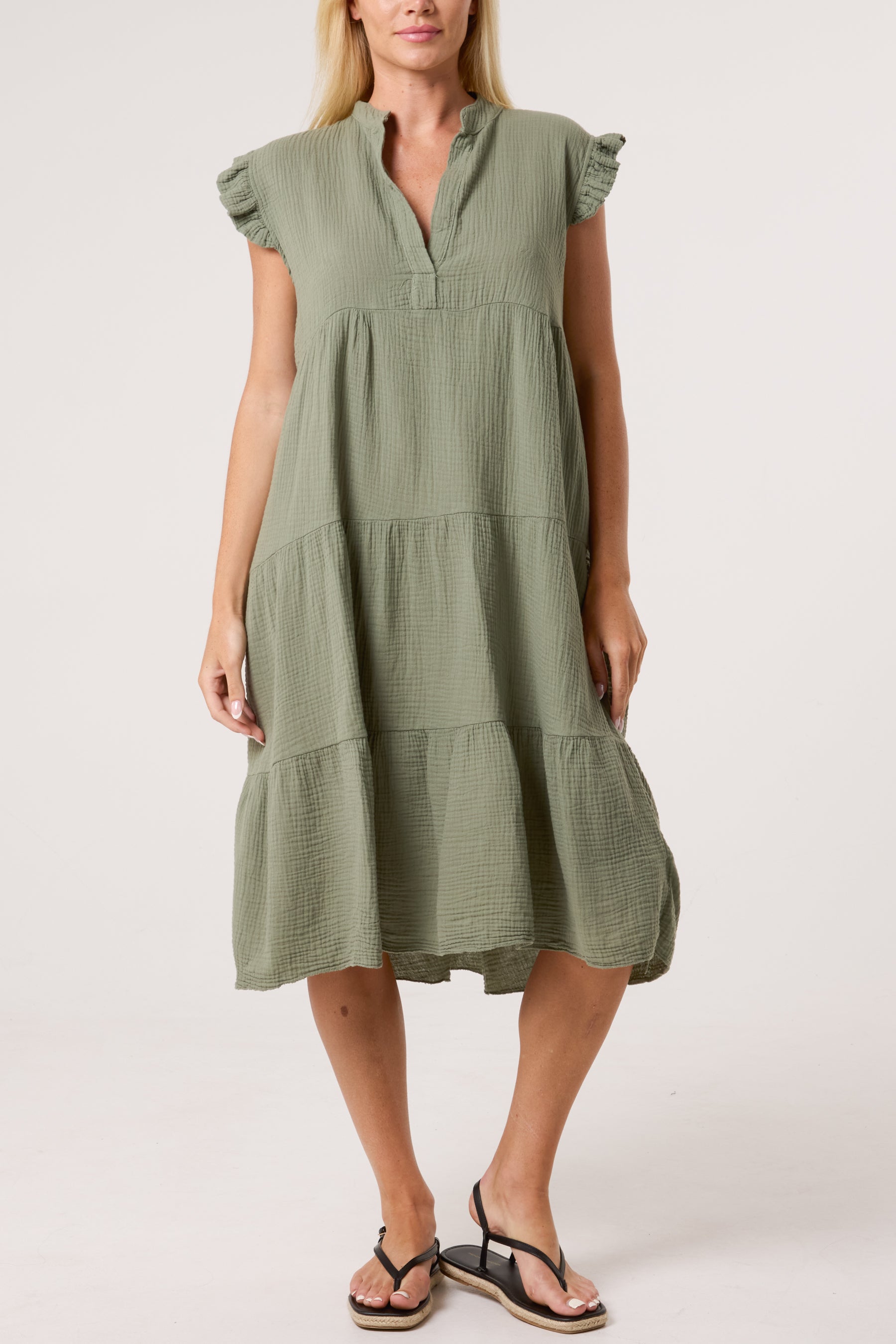Cotton Frill Sleeved Midi Dress