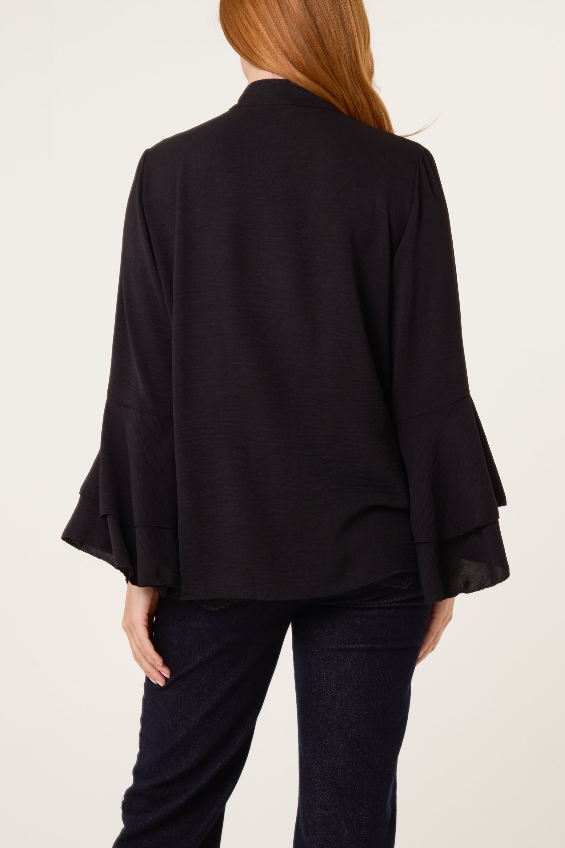 Pleated Sleeve Grandad Collar Blouse