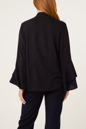 Pleated Sleeve Grandad Collar Blouse
