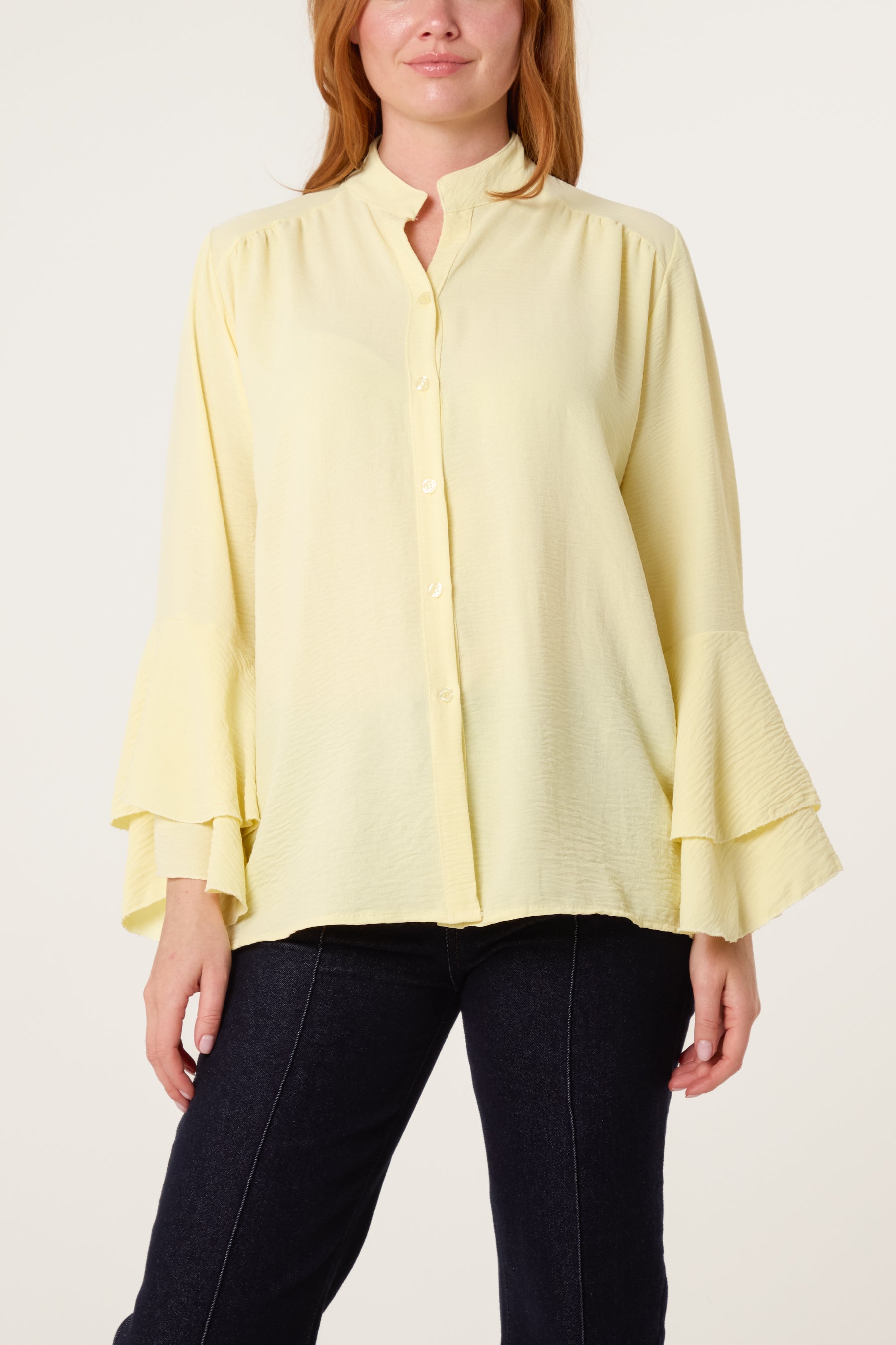 Pleated Sleeve Grandad Collar Blouse