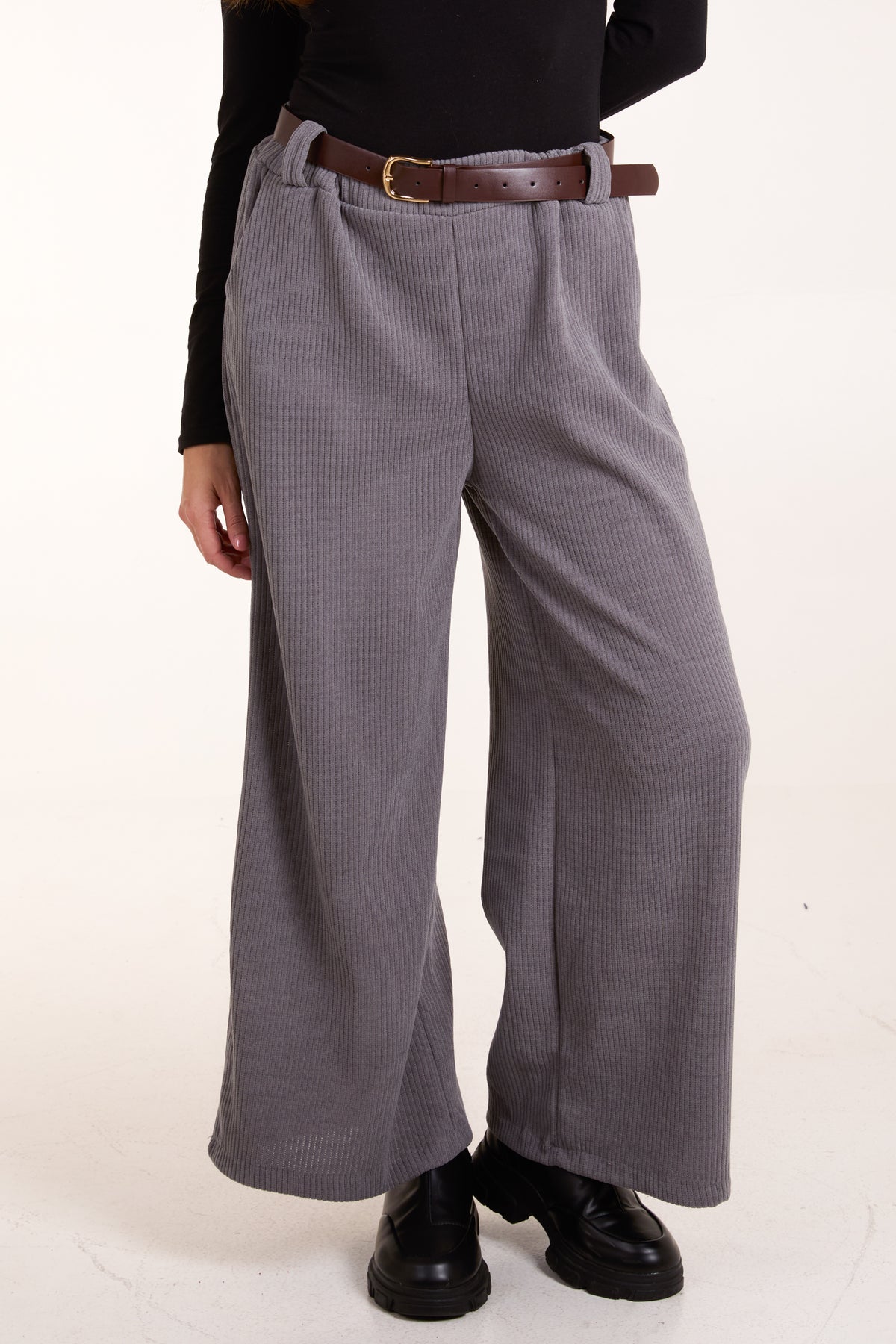 Rib Knit Straight Leg Belted Trouser