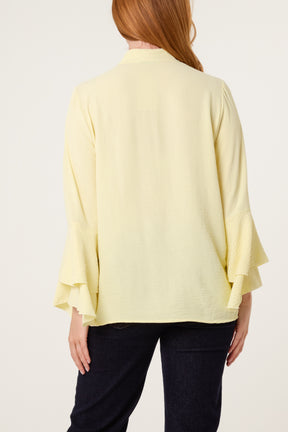 Pleated Sleeve Grandad Collar Blouse