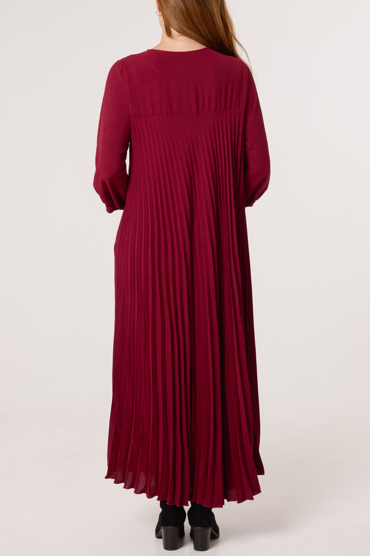 Long Sleeve Pockets Pleated Maxi Dress
