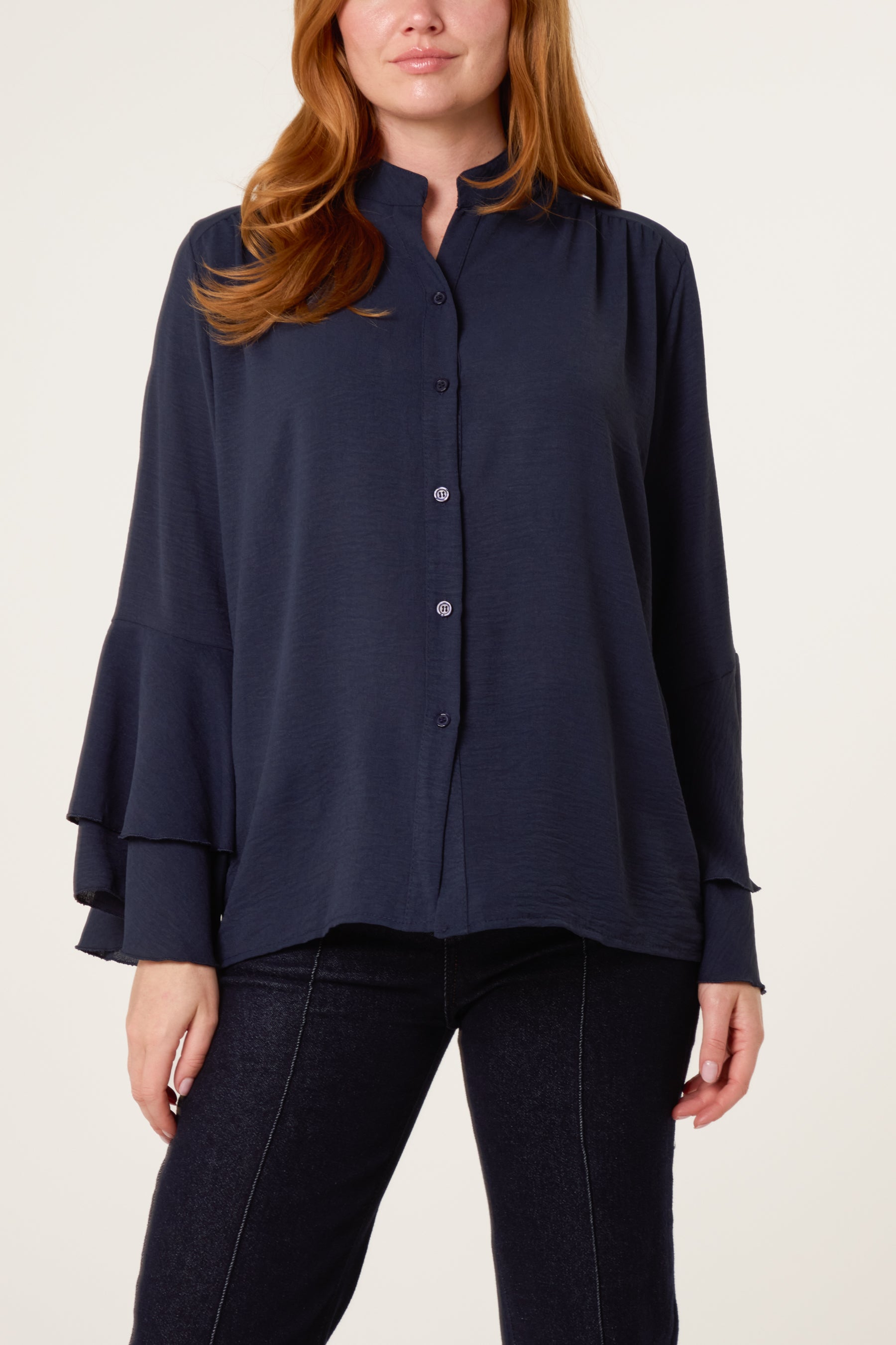 Pleated Sleeve Grandad Collar Blouse