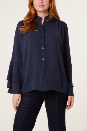Pleated Sleeve Grandad Collar Blouse
