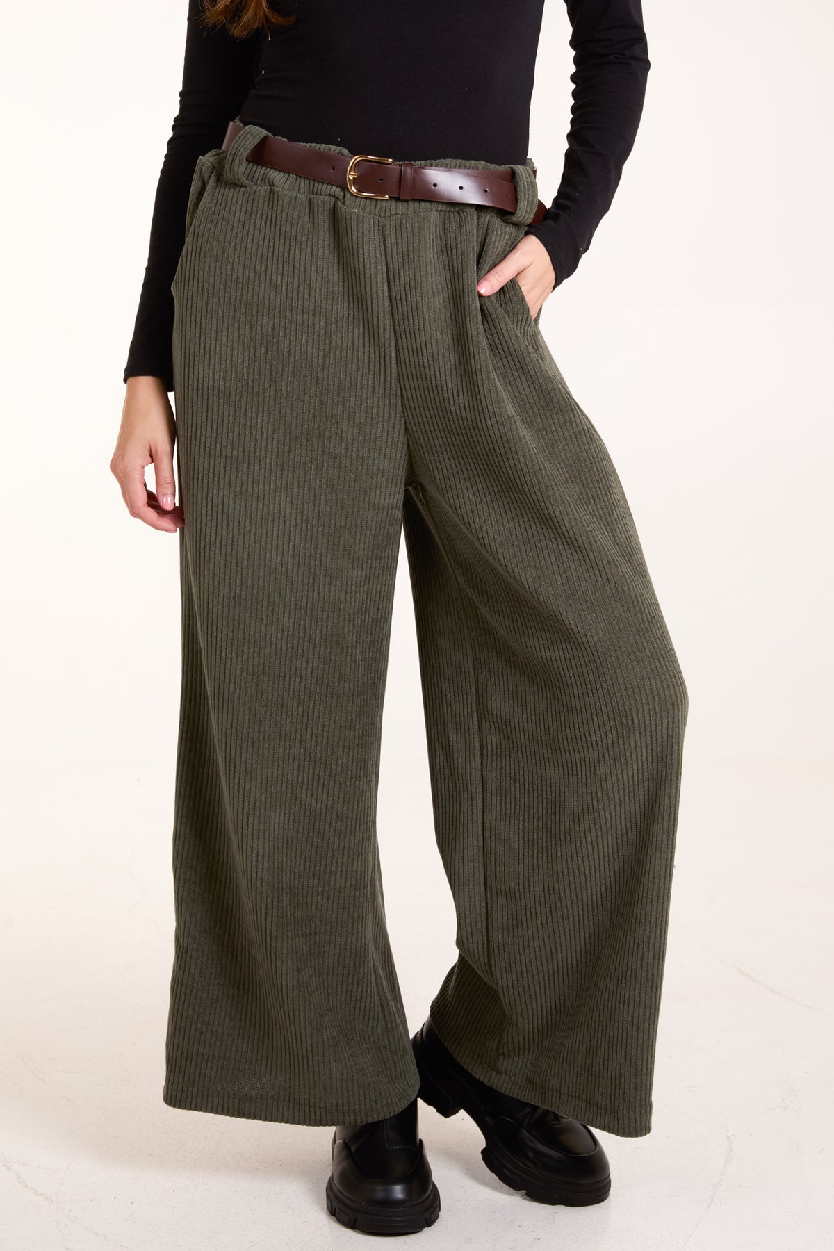 Rib Knit Straight Leg Belted Trouser