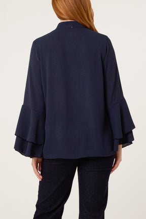 Pleated Sleeve Grandad Collar Blouse