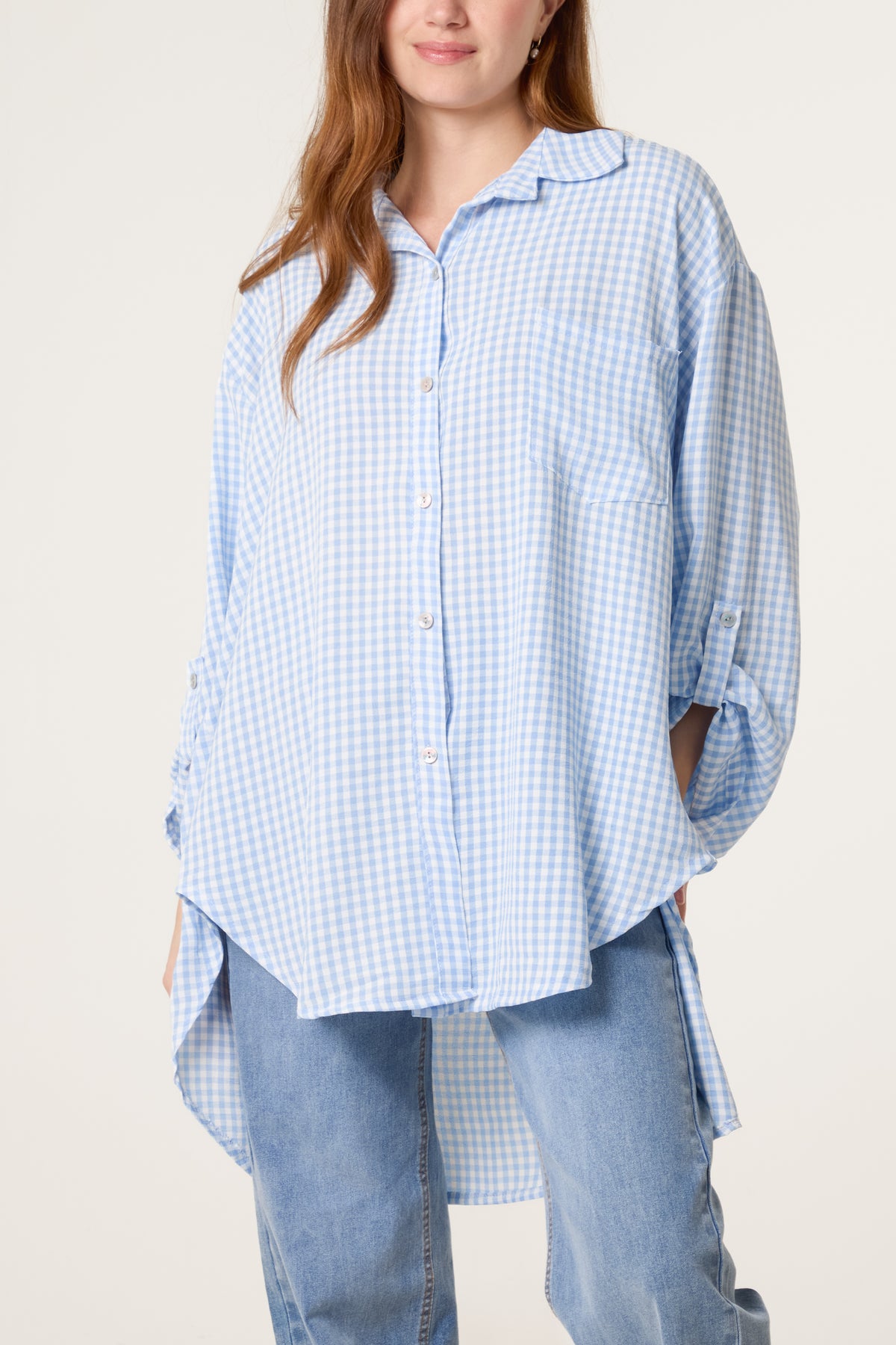 Gingham Asymmetric Longline Cotton Shirt