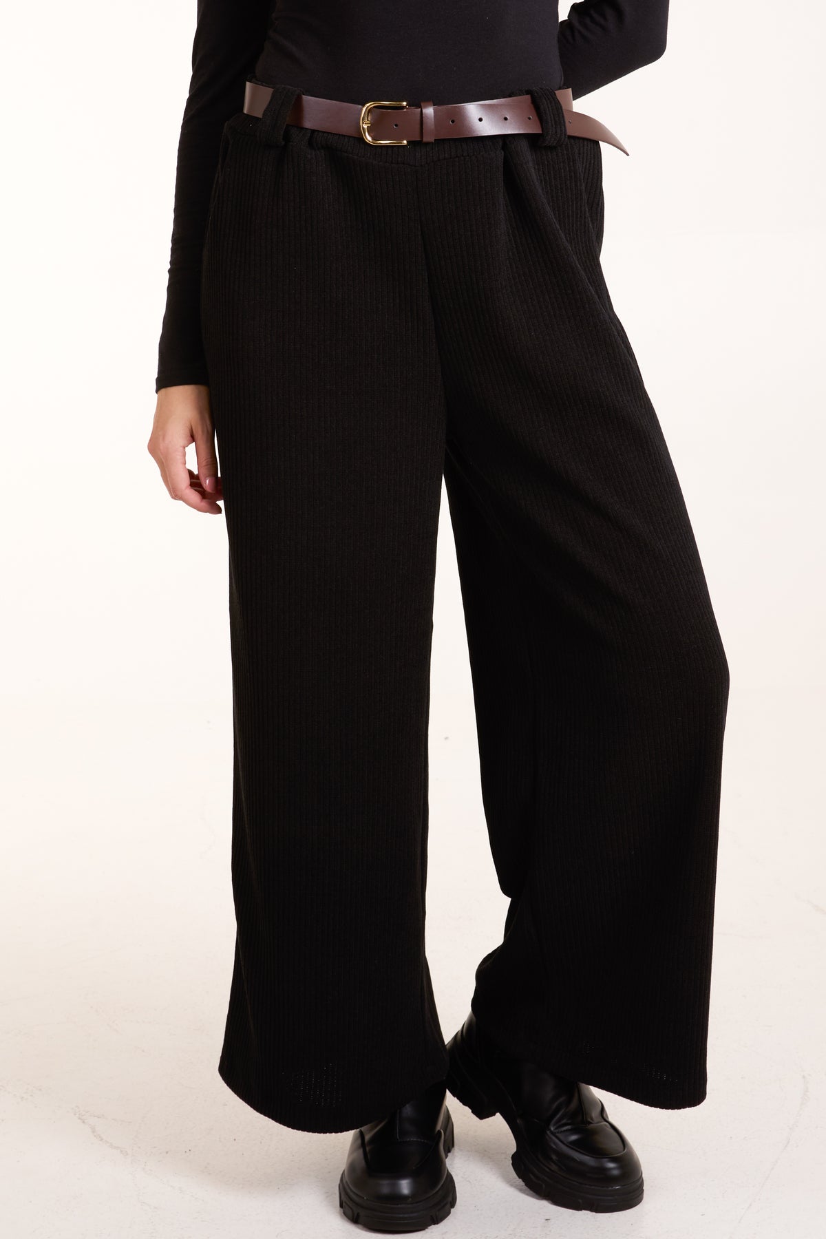 Rib Knit Straight Leg Belted Trouser